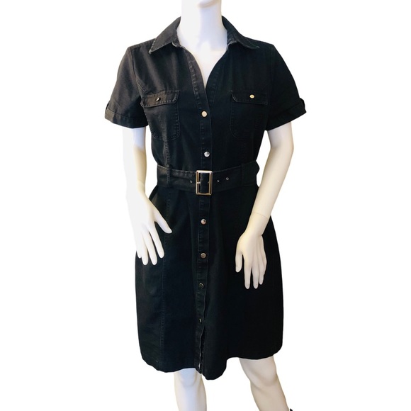 APT 9 Dark Blue Denim Button Down Short Sleeve Jean Dress Size 10 Knee Length - Picture 1 of 9